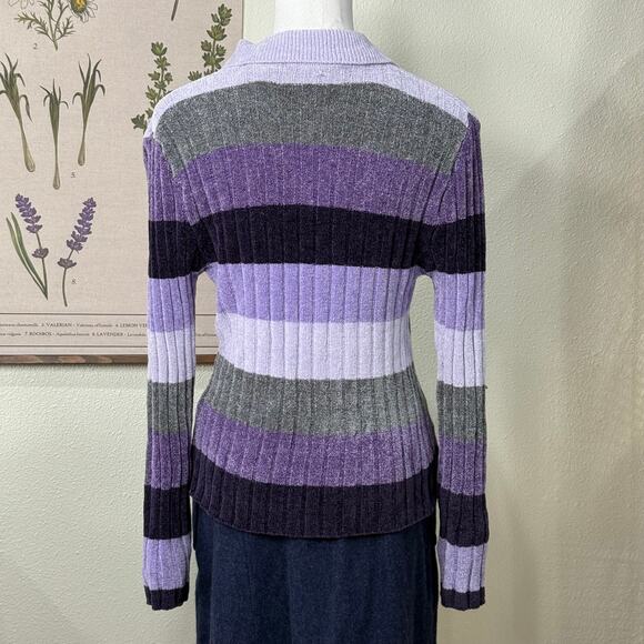 Vintage 90s Y2k Collared Chenille Striped Sweater Whimsy Twee Whimsigoth Retro L - Picture 3 of 8